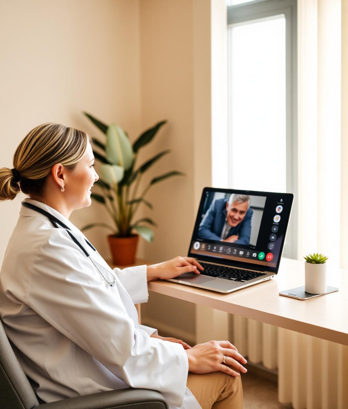 A board-certified physician meeting with a patient during a video visit