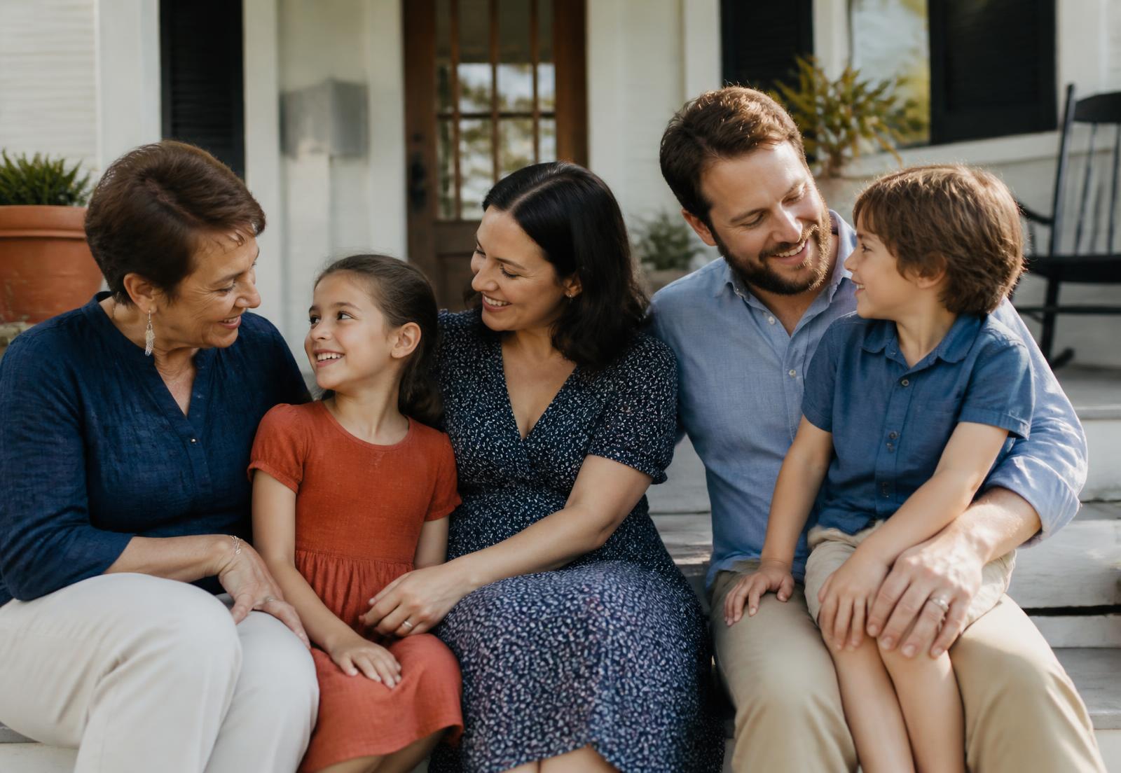 A multigenerational family sitting together on a sunlit front porch
