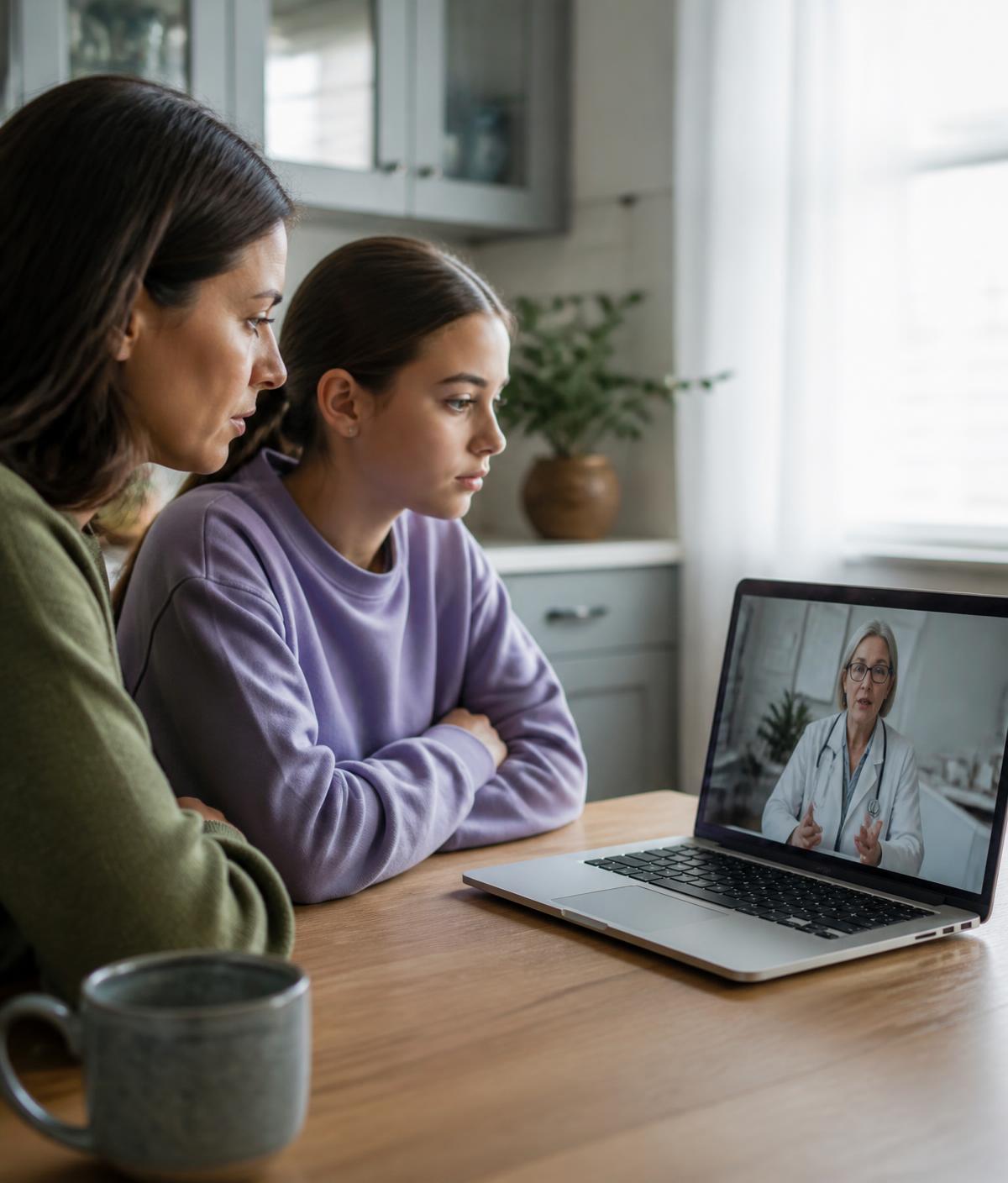 A mother and her teenage daughter meeting a clinician by video at the kitchen table